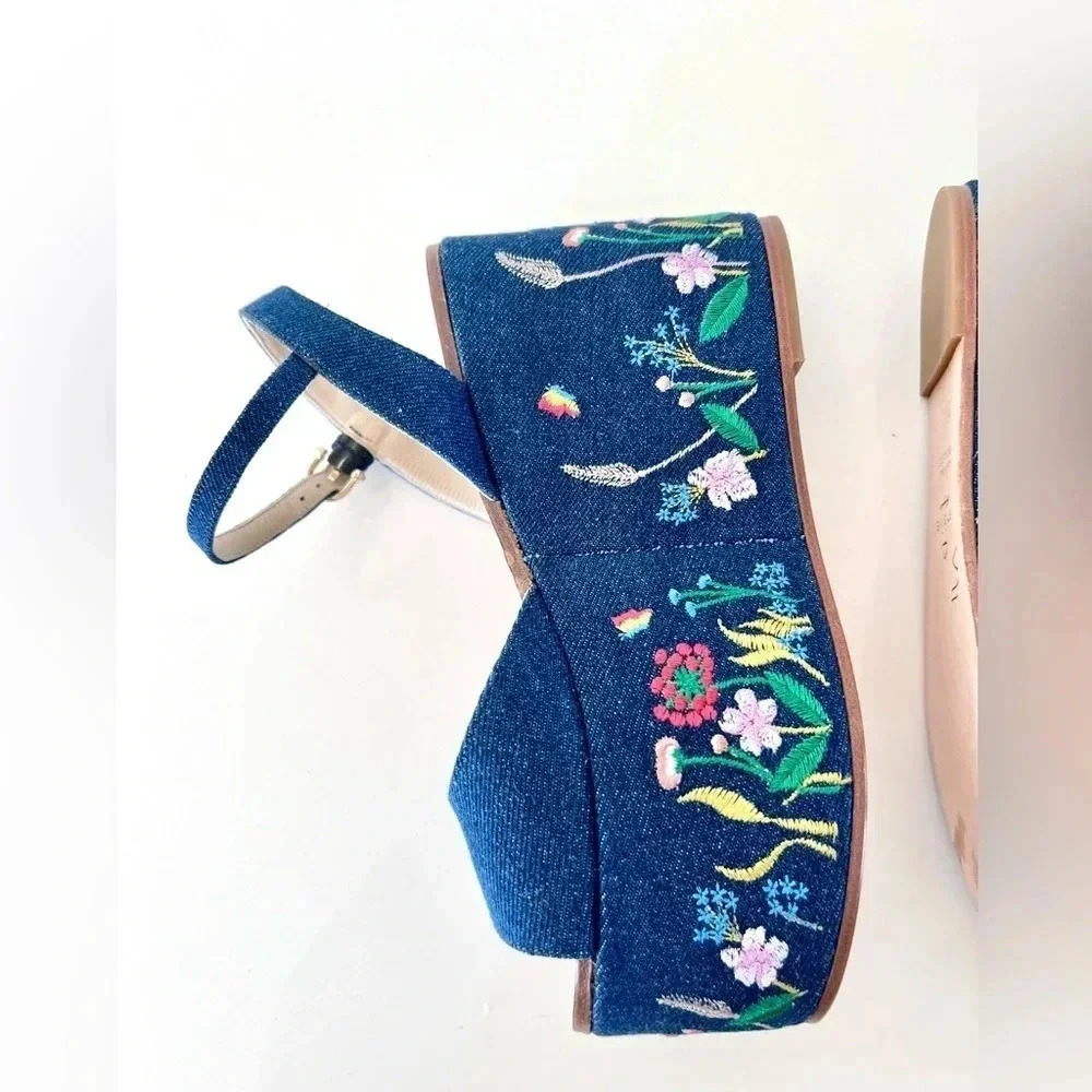 Etienne Aigner Sofhia Floral Embroidered Denim Platform Strappy Shoes‎ Size 6.5 - Picture 9 of 16